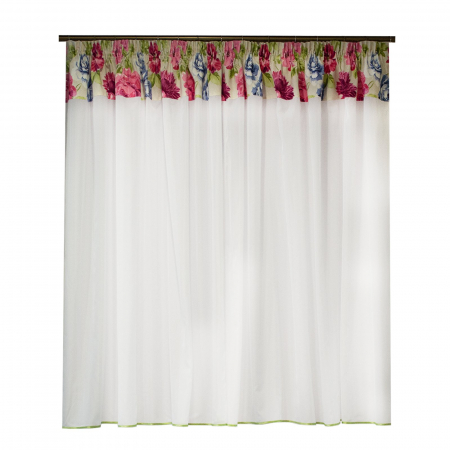 Perdele bucatarie - Perdea Velaria voal alb cu flori si esarfe, 340x150 cm