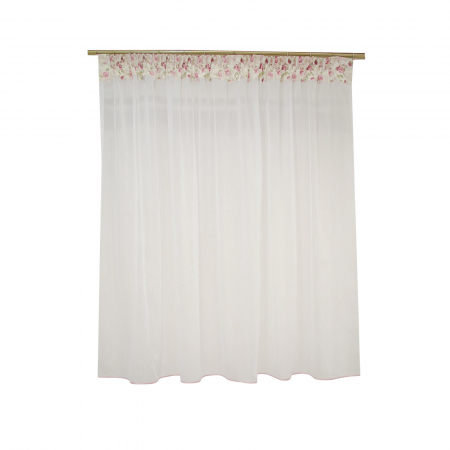 Perdele bucatarie - Perdea Velaria in alb cu flori roz, 210x150 cm