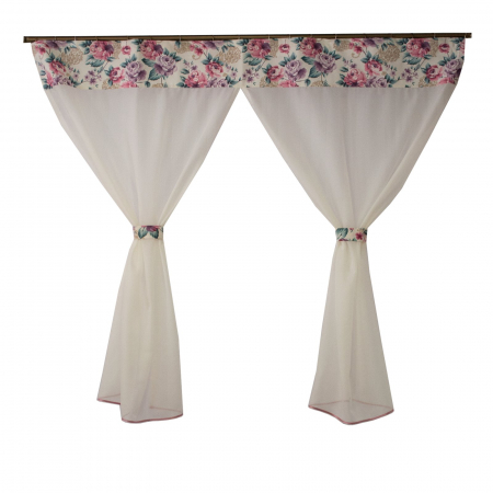 Perdele bucatarie - Perdea Velaria in ivoire cu flori roz, 160 x 170 cm