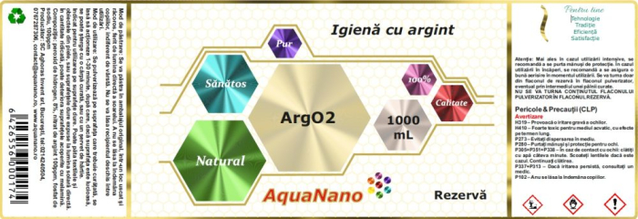 AquaNano ArgO2, soluţie pentru igienizarea suprafețelor, cu argint ionic şi oxigen activ, rezerva, 1000ml [2]
