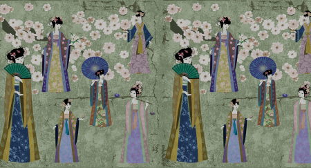Colectii - Fototapet cu flori de cires si kimono verde DD110811  -  A.S. Creation