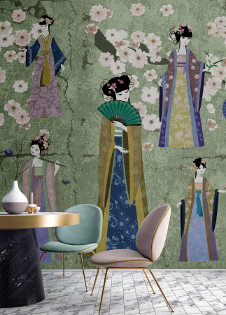 Fototapet cu flori de cires si kimono verde DD110811  -  A.S. Creation [1]