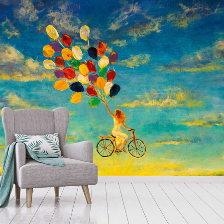 Fototapet pictura femeie cu bicicleta pe cer galben DD123817 - A.S. Creation [1]