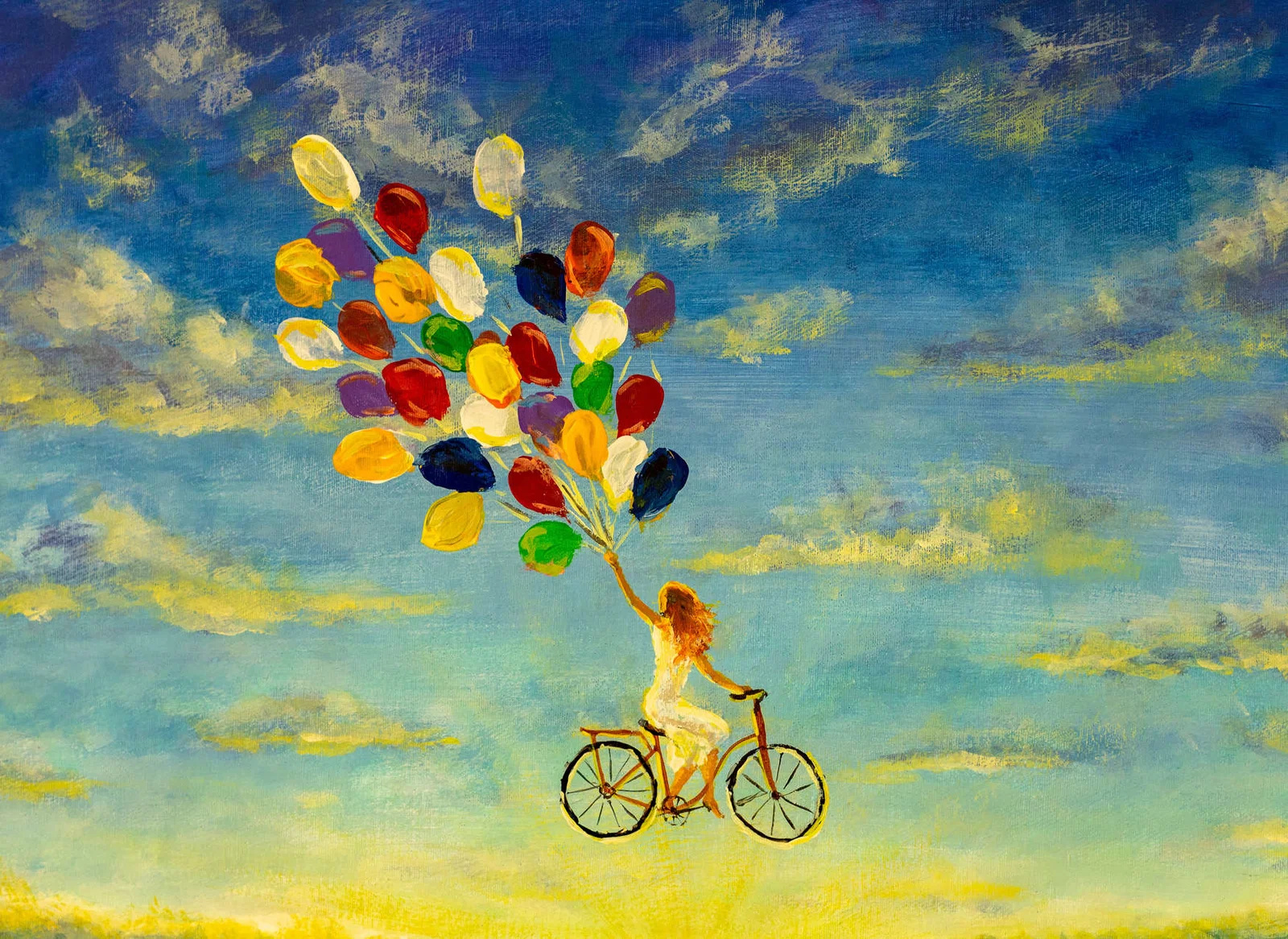 Colectii - Fototapet pictura femeie cu bicicleta pe cer galben DD123817 - A.S. Creation