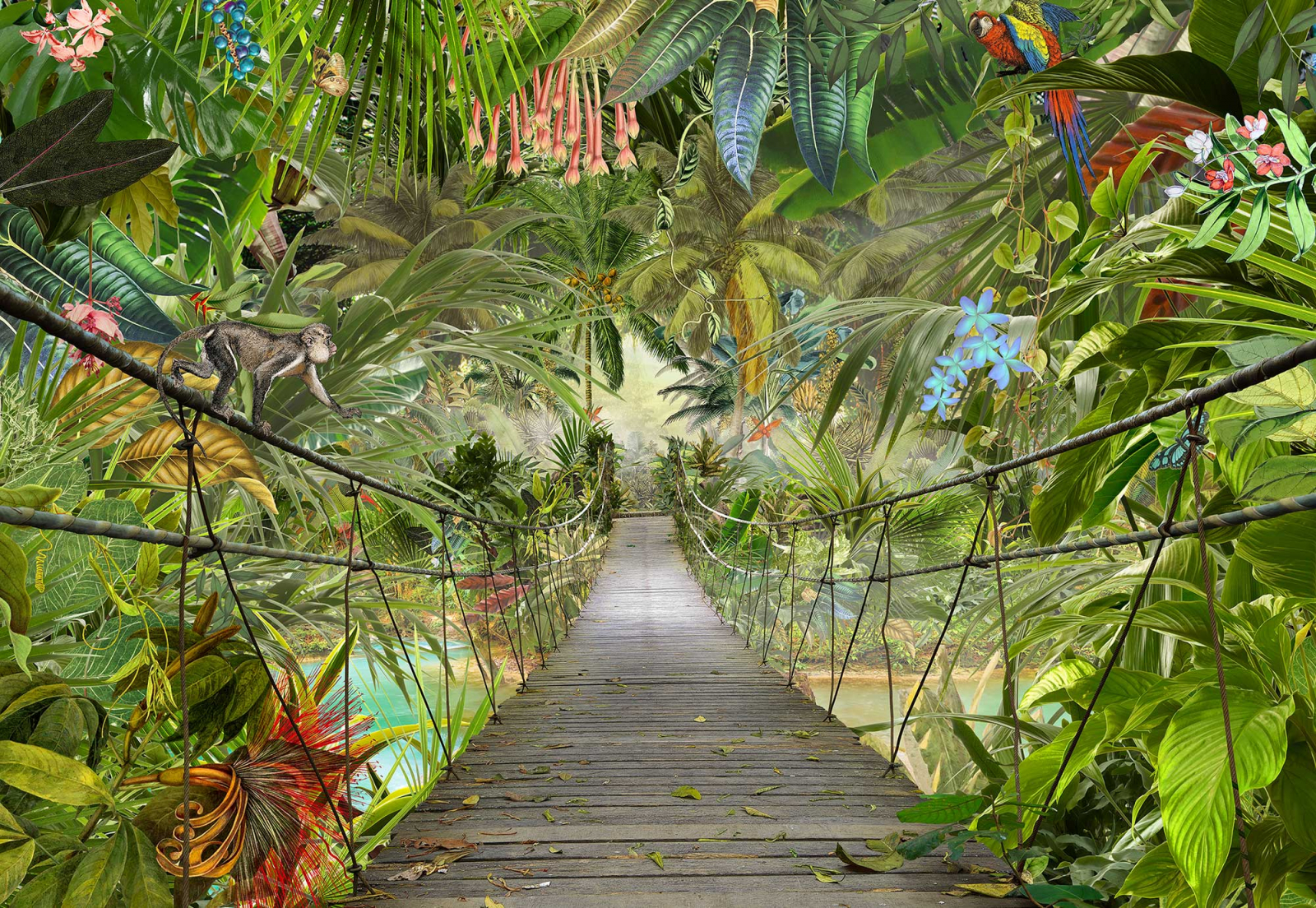 Комар водопад. Фреска джунгли Komar. Фотообои Komar джунгли, мост. Аффреско пальмы. Фотообои комар 368*254см.