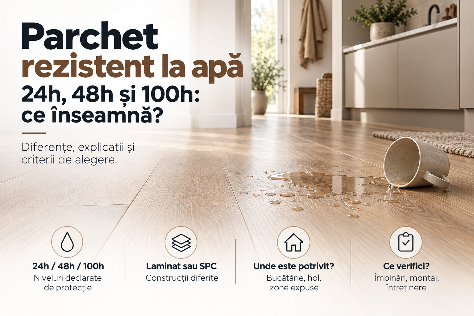 Parchet rezistent la apă: ce înseamnă 24h, 48h și 100h?