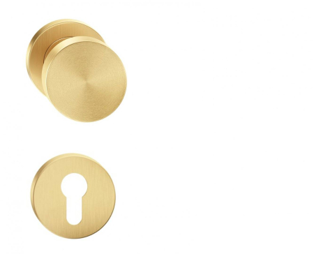 Manere - Maner usa de interior, buton, ROUND, auriu satin mat, cu rozeta cilindru/butuc