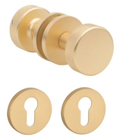 Manere - Maner usa de interior, buton, TIME, auriu satin, cu rozeta cilindru/butuc