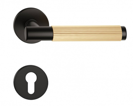 Manere - Maner usa de interior, TIME LINEAR, negru / auriu satin, cu rozeta cilindru/butuc