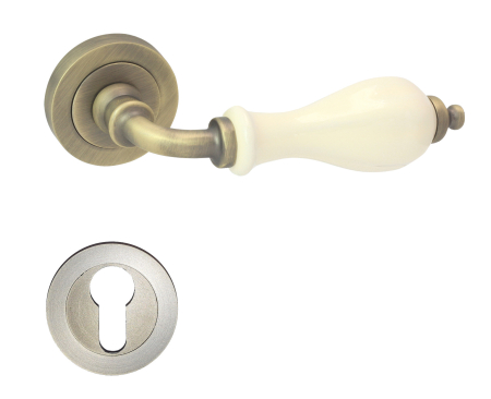 Manere - Maner usa de interior, Viola, bronz mat, portelan bej, cu rozeta cilindru/butuc