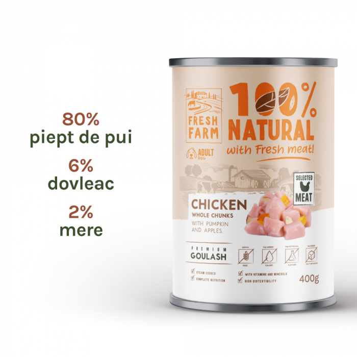 Fresh Farm Goulash with chicken, pumpkin and apple 400 gr, hrană umedă (conservă) pentru caini adulti cu gust irezistibil de pui [2]