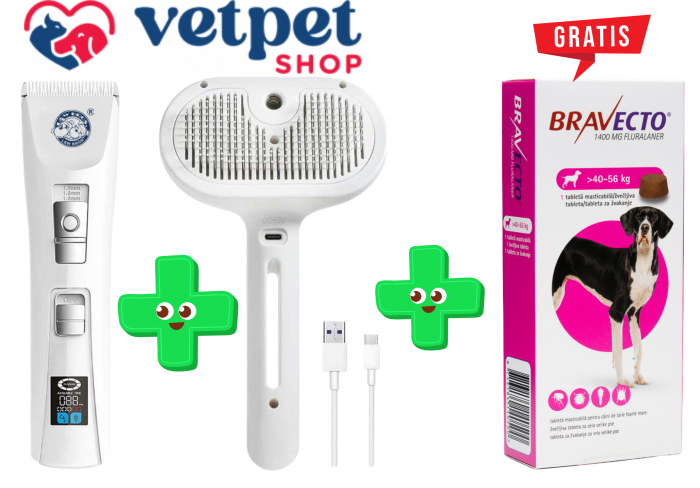 Pachet Masina de tuns profesionala pentru caini si pisici + Perie cu abur pentru caini si pisici + Gratuit Bravecto 40-56 kg [1]