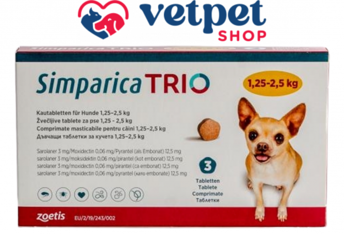Simparica Trio 3 mg (1.3-2.5 kg) 3 tablete, deparazitare externă și internă pentru câini [1]