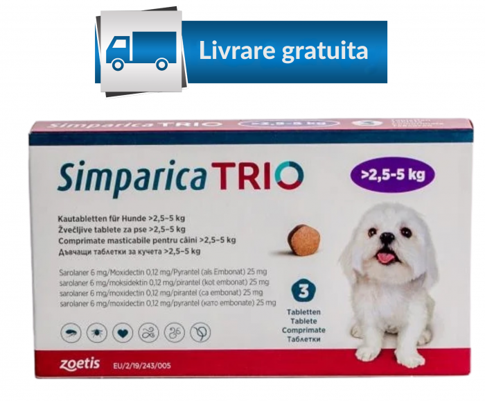 Simparica Trio 6 mg (2.6 - 5 mg) x 3 tablete - deparazitare externa si interna pentru caini [1]