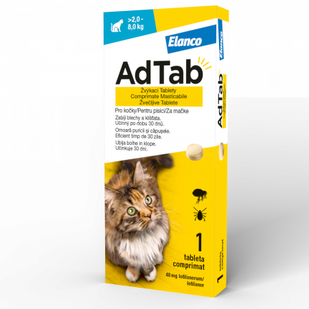 PASTILE - AdTab Cat 48MG (>2,0–8,0 kg) - 1 tabletă, tabletă antiparazitară externă pentru pisici,