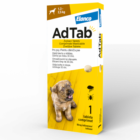 AdTab - AdTab Dog 56.25MG - (>1,3–2,5 kg) - 1 tabletă antiparazitara externa pentru caini