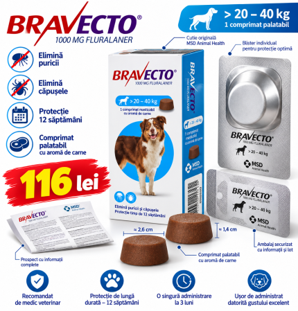 PRESCRIPTIE MEDICALA - Bravecto 20 - 40 kg - deparazitare externa pentru caini