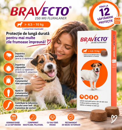 Bravecto  4.5 - 10 kg, deparazitare externă pentru câini