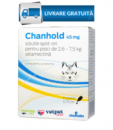 CHANHOLD - Chanhold 6% 45mg 2.6-7.5kg, 6 pipete deparazitare externa si interna pentru pisici