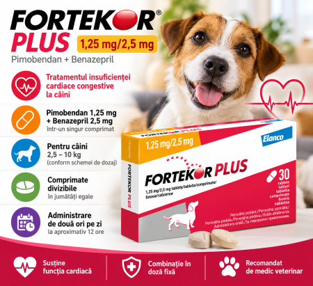 SUPORT CARDIAC - Fortekor Plus 1,25/2,5 mg, 30 tablete – Pimobendan + Benazepril pentru câini