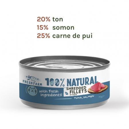 Necunoscut - Fresh Farm Shredded fillets in sauce with tuna, salmon and chicken 70 gr