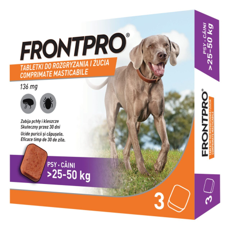 PROMOȚII - Frontpro 136 mg, comprimate masticabile antiparazitare pentru câini 25-50 kg, împotriva puricilor și căpușelor, 3 comprimate