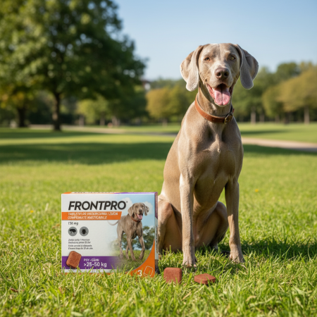 PROMOȚII - Frontpro 136 mg, comprimate masticabile antiparazitare pentru câini 25-50 kg, împotriva puricilor și căpușelor, 3 comprimate