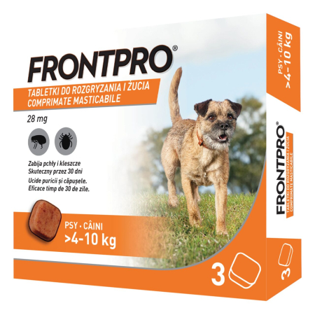 PROMOȚII - Frontpro 28 mg, comprimate masticabile antiparazitare pentru câini 4-10 kg, împotriva puricilor și căpușelor, 3 comprimate