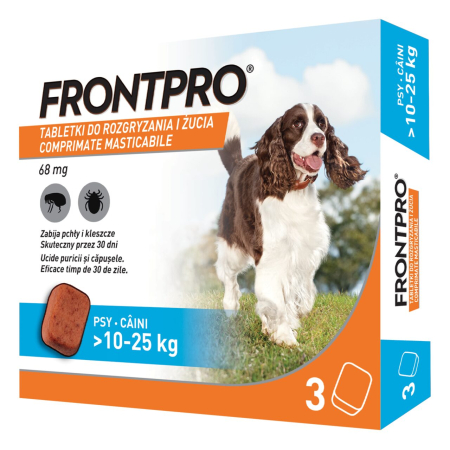 PROMOȚII - Frontpro 68 mg, comprimate masticabile antiparazitare pentru câini 10-25 kg, împotriva puricilor și căpușelor, 3 comprimate