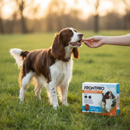PROMOȚII - Frontpro 68 mg, comprimate masticabile antiparazitare pentru câini 10-25 kg, împotriva puricilor și căpușelor, 3 comprimate