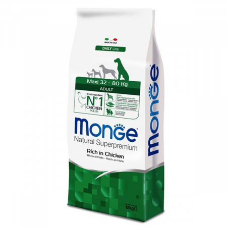 MONGE - Hrana pentru caini, uscata, Monge Maxi, pentru adulti, hrana superpremium, aroma de pui, caini de talie mare, substante nutritive de inalta calitate, imbogatite cu XOS, buna functionare a florei intes
