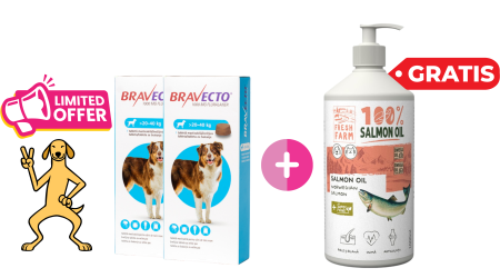 Bravecto - Pachet 2x Bravecto 20 - 40 kg - deparazitare externa pentru caini + GRATIS 1x Fresh Farm Salmon oil 1000 ml
