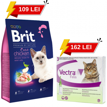 PROMOȚII - Pachet 109 lei 8kg Brit Premium by Nature Cat Adult Chicken, hrana uscata pentru pisici adulte + 162 lei Vectra Felis, spot-on, deparazitare externa pentru pisici, 3 pipete