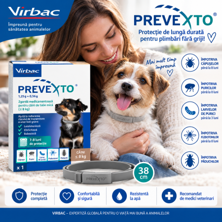 ZGĂRZI - PreveXto Zgardă Antiparazitară Câini ≤8 kg 38 cm – Virbac