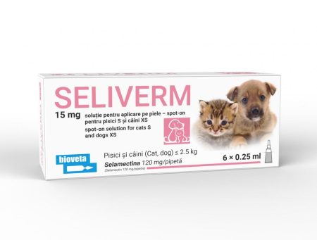 SELIVERM - SELIVERM 15 mg Pisici S și Câini XS ≤2,5 kg – 6 Pipete x 0,25 ml