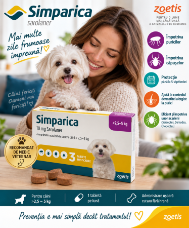 PRESCRIPTIE MEDICALA - Simparica 10 mg 2.5-5 kg, 3 tablete, deparazitare externa pentru caini