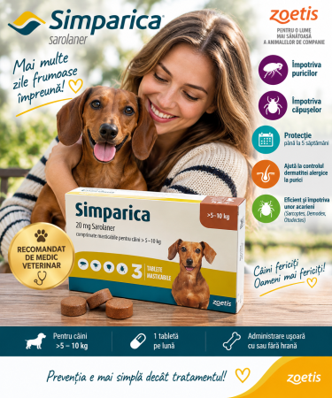 Simparica - Simparica 20 mg 5-10 kg, pastilă deparazitare externă, 3 tablete