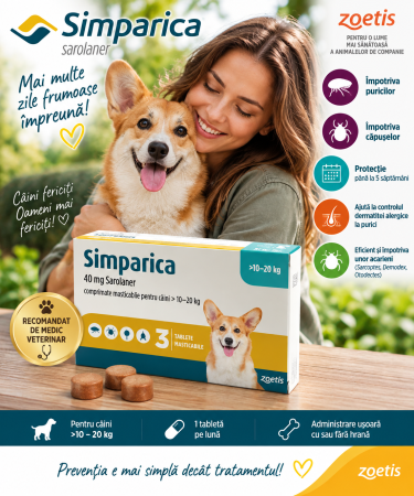 Simparica - Simparica 40 mg Câini 10–20 kg, 3 Tablete | Purici și Căpușe