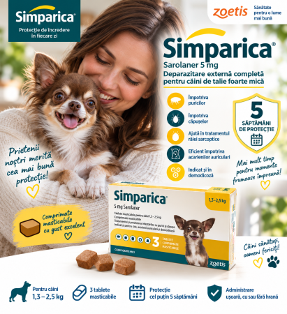 PRESCRIPTIE MEDICALA - Simparica 5mg 1.3-2.5 kg cutie cu 3 tablete, Deparazitare externa pentru caini