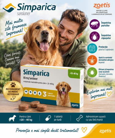 Simparica - Simparica 80 mg Câini 20–40 kg, 3 Tablete | Purici și Căpușe