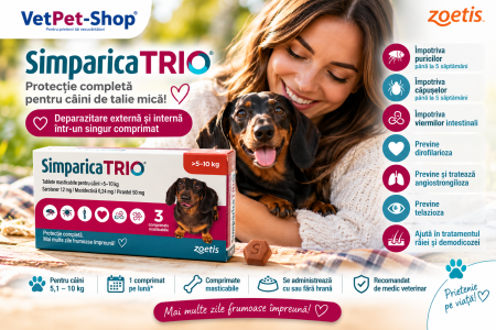 PRESCRIPTIE MEDICALA - Simparica Trio 12 mg (5.1-10 kg) x 3 tablete - deparazitare externa si interna pentru caini