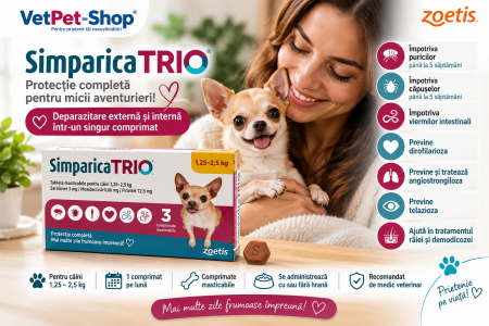 PRESCRIPTIE MEDICALA - Simparica Trio 3 mg 1,25-2,5 kg, 3 tablete – Deparazitare internă și externă câini