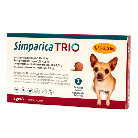 Simparica Trio - Simparica Trio 3 mg (1.3-2.5 kg) 3 tablete, deparazitare externă și internă pentru câini