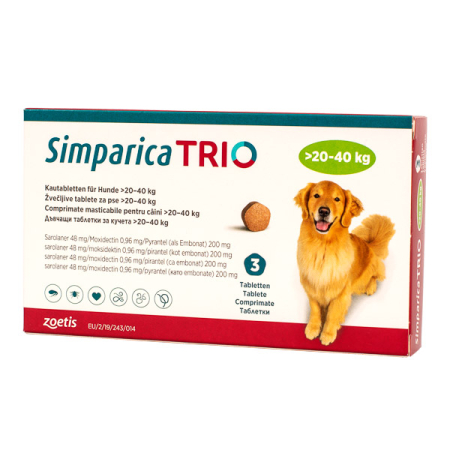 Simparica Trio - Simparica Trio 48 mg (20.1 - 40 kg) x 3 tablete - deparazitare externa si interna pentru caini
