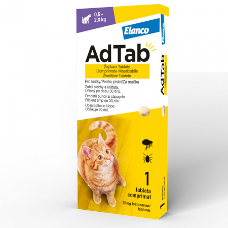 PASTILE - Adtab Cat 12mg, 05-2kg, 1 tabletă, tabletă antiparazitară externă pentru pisici