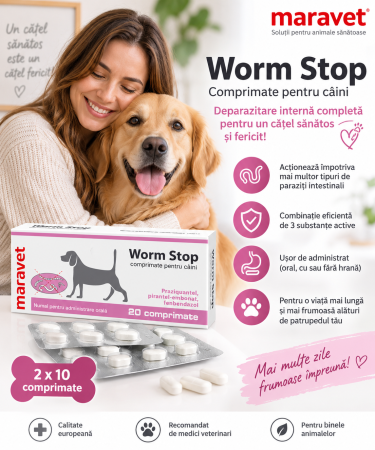 Worm Stop - Deparazitare internă pentru câini cutie cu 20 tablete - Worm Stop