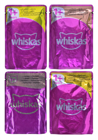 PLICURI - WHISKAS Adult pliculețe 4 x 85 g hrană umedă pentru pisici adulte, în jeleu (bucăți cu: pui, curcan, pasăre, rață)