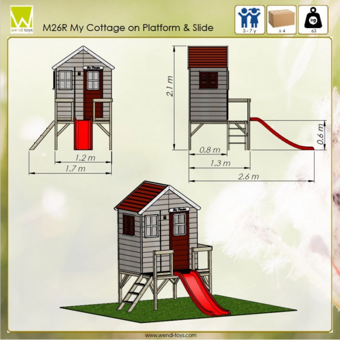 Casuta de gradina My Red Cottage House cu platforma si tobogan (M26R), Wendi Toys [5]