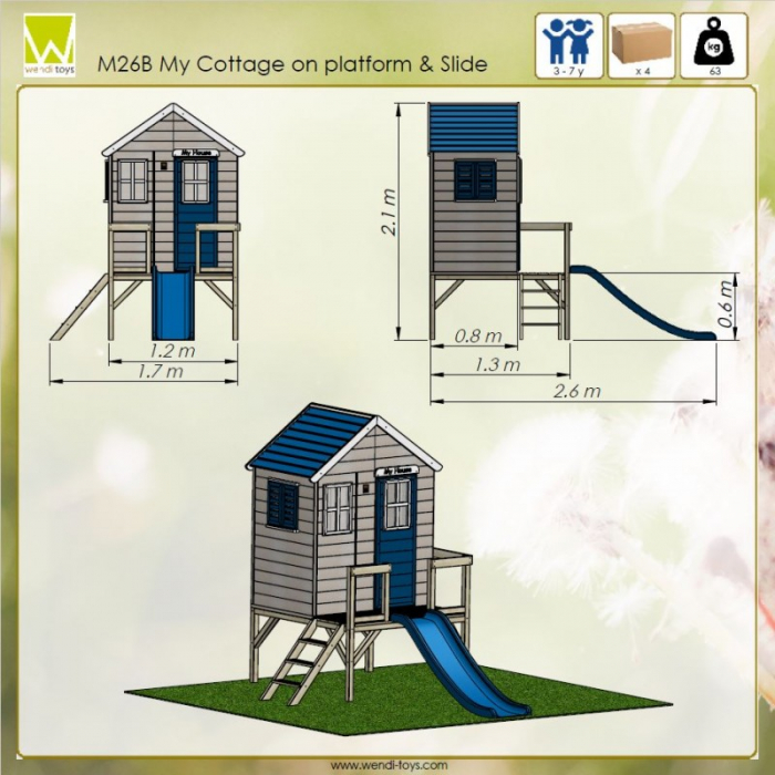 Casuta de gradina My Blue Cottage House cu platforma si tobogan (M26B), Wendi Toys [3]