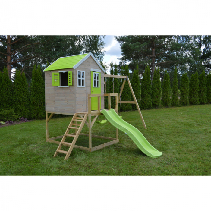 Casuta de gradina Lime Lodge cu platforma, tobogan si leagan dublu (M28L), Wendi Toys [3]